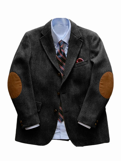 Men's Vintage Herringbone Tweed Blazer With Elbow Patch 2 Button Single Breasted Cotton Casual Slim Fit Business Jacket XS-7XL