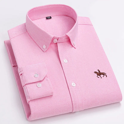 Quality 100% Cotton Oxford Shirt For Mens Long Sleeve Casual Business Regular-Fit Formal Dress Shirts Social Blouse Male Clothes