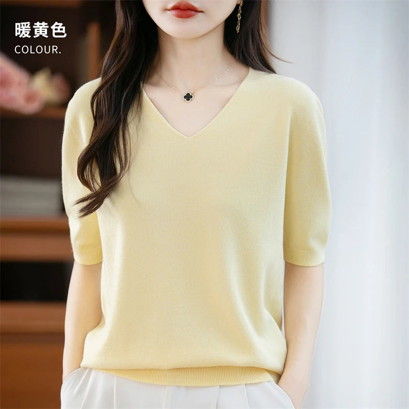 Thin Worsted Wool Short-Sleeved Women's Loose Round Neck T-shirt Printed Summer Fashion Knitted Bottoming Shirt Half-Sleeved