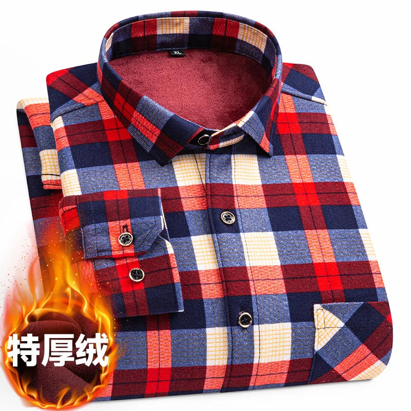 New Men's Long-Sleeved Shirt Thickened and Fleece Warm 8XL9XL Plus Size Autumn and Winter Casual No-Ironing Comfortable Top