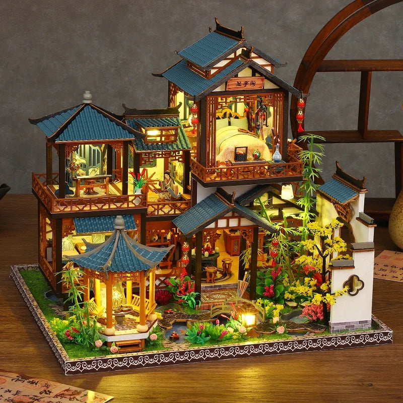 Diy Wooden Chinese Ancient Villa Miniature Building Kits Doll Houses With Furniture Casa Dollhouses For Friends Birthday Gifts