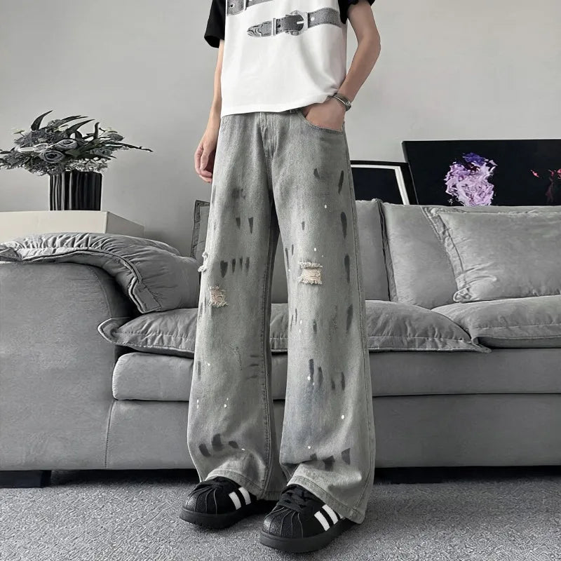 Original Retro Vintage Washed Distressed Men's Jeans American Street Style Casual Trendy Loose Fit Men's Pants Denim Urban