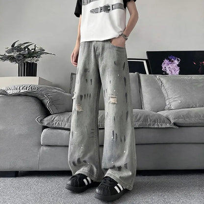 Original Retro Vintage Washed Distressed Men's Jeans American Street Style Casual Trendy Loose Fit Men's Pants Denim Urban