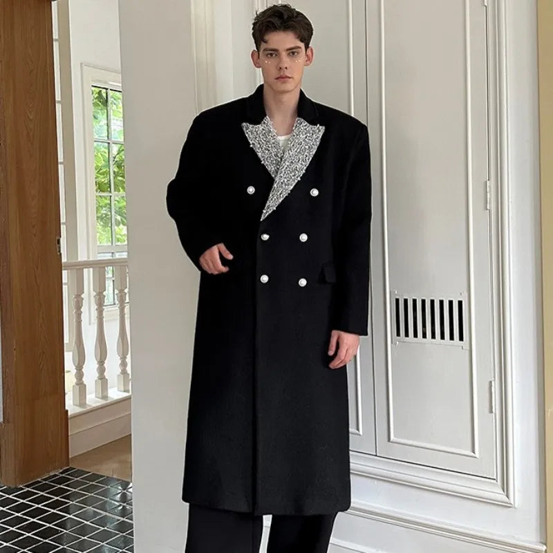 New Mens Designer Autumn Winter Woolen Coat Double Breasted Loose Fit Elegant Party Overcoat Casual Office Men Fashion Trench
