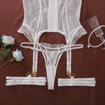 Ellolace French Women's Lingerie Sets Romantic Corset Thong 2PC with Leg Circles Pure Wedding Sexy Miss Hot Girls' Intimates