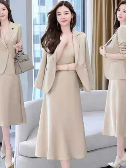 plus Size Women's Dress Suit Set Sleeveless Long Dress with Jacket Autumn Fashion Slimming Two-Piece Set High Waist Korean Style