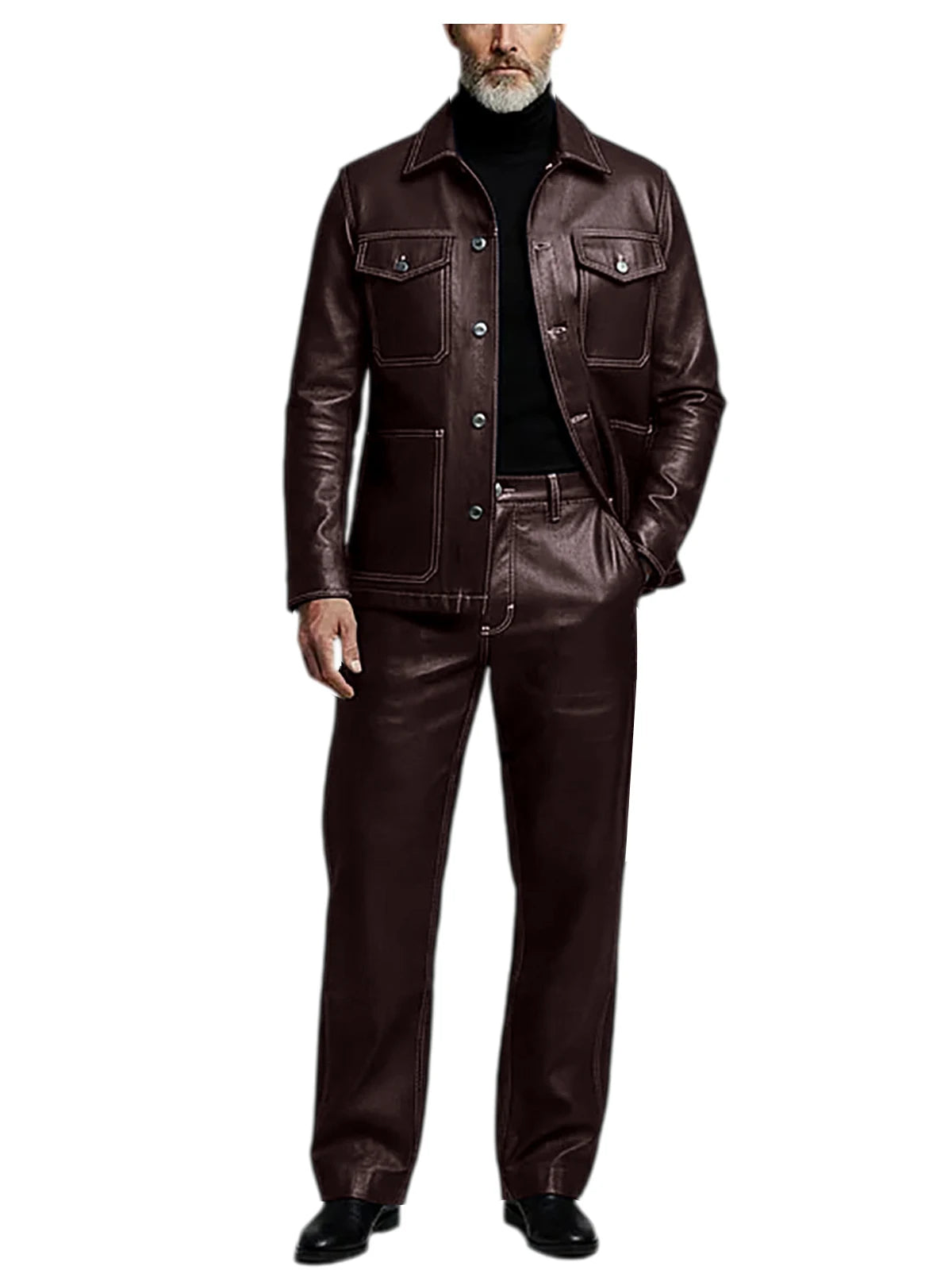Men's 2 Piece PU Leather Suit Set Multi Pocket Shirt Collar Trucker Jacket Straight Leg Pants Business Casual Streetwear Outfits