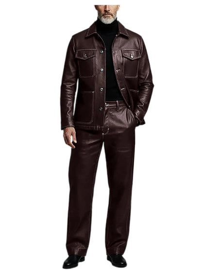 Men's 2 Piece PU Leather Suit Set Multi Pocket Shirt Collar Trucker Jacket Straight Leg Pants Business Casual Streetwear Outfits