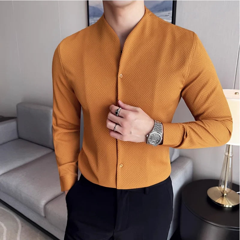 New Chinese Style V-neck Shirt Men's Long Sleeved Slim Fit Casual Business Stand-up Shirts High Quality Dress Tops Shirt 4XL-M