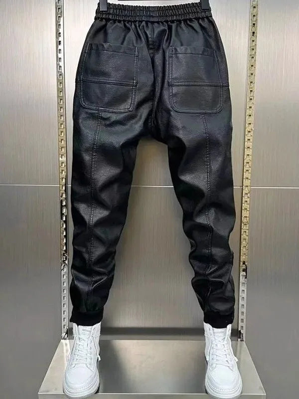 Men's Fleece Lined Thickened Leather Pants Motorcycle Delivery Rider Biker Trousers Warm Windproof Waterproof for Autumn Winter