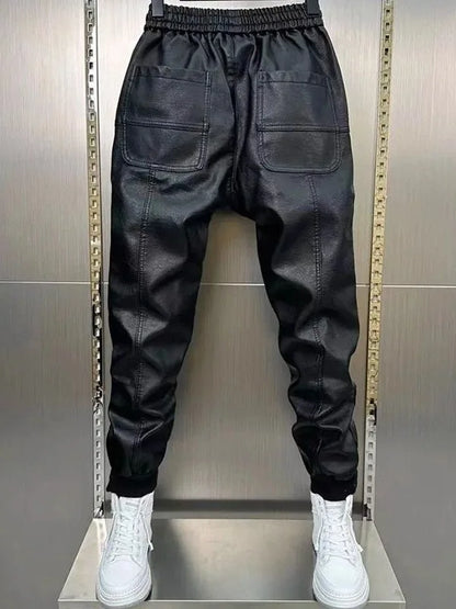 Men's Fleece Lined Thickened Leather Pants Motorcycle Delivery Rider Biker Trousers Warm Windproof Waterproof for Autumn Winter