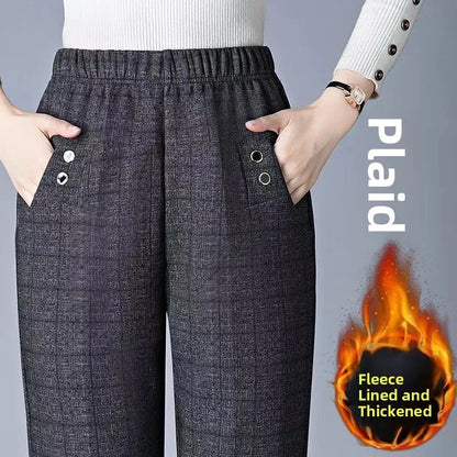 Women's Fleece Lined Loose Straight Leg Elastic Waist Casual Pants Thickened Autumn Winter New Style Cotton Sheepskin Velvet