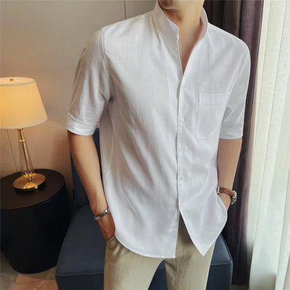Men's Premium Linen Blend Mandarin Collar Shirt – 7A Antibacterial, Breathable & Cool-Touch Short Sleeve Button-Up