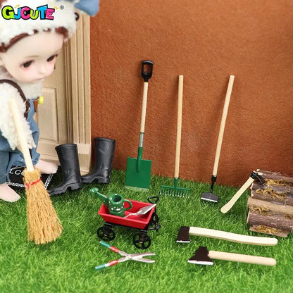 1Set 1:12 Dollhouse Miniature Farm Tool Ax Shovel Pull Cart Broom Boots Watering Can Garden Decor Toy Doll House Accessories