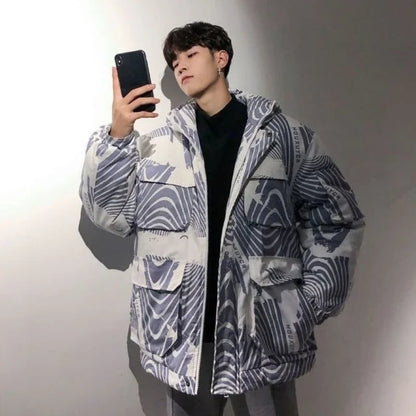 Trending on Instagram Winter Parka for Men Korean Loose Fit Cotton Coat with Traditional Chinese Blue White Print