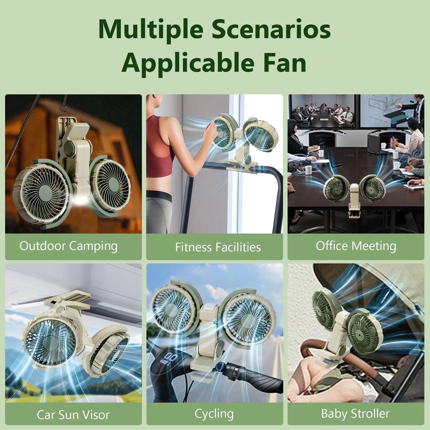Hipacool Car Clip Dual Head Fan 360° Rotatable 4000mAh 3-Speeds Two Light Modes USB Rechargeable Desktop Cooling Air Fan