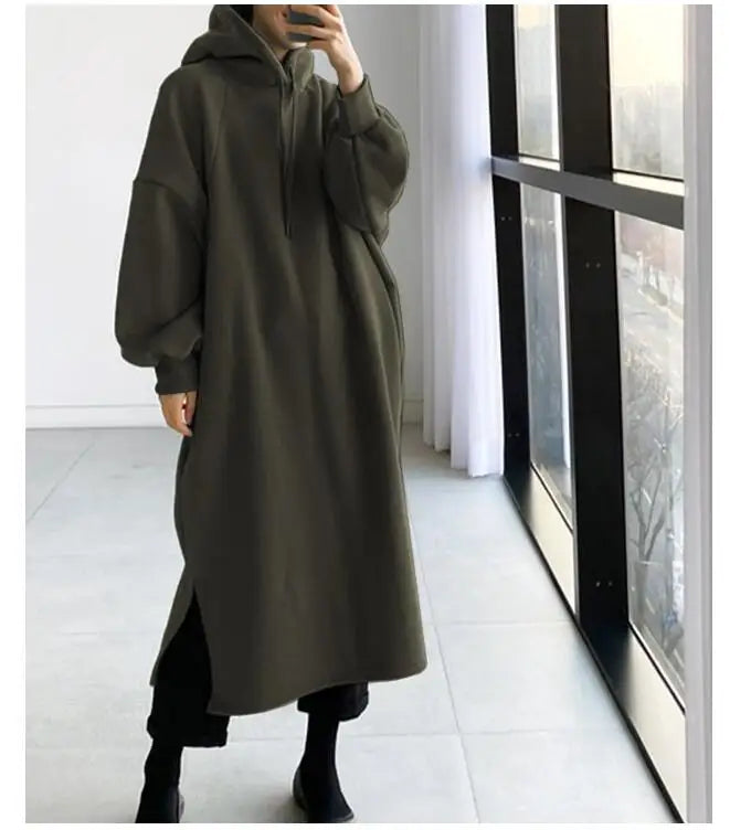 Korean Style Fleece Lined Long Hoodie Dress Women's Thickened Split Slimming Autumn Winter Dress Cotton Polyester Blend