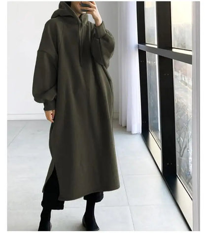 Korean Style Fleece Lined Long Hoodie Dress Women's Thickened Split Slimming Autumn Winter Dress Cotton Polyester Blend