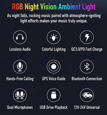 Car Bluetooth FM Transmitter Audio Adapter With RGB Ring Light Dual USB QC3.0 And Type-C Fast Charger Hands-Free MP3 Player