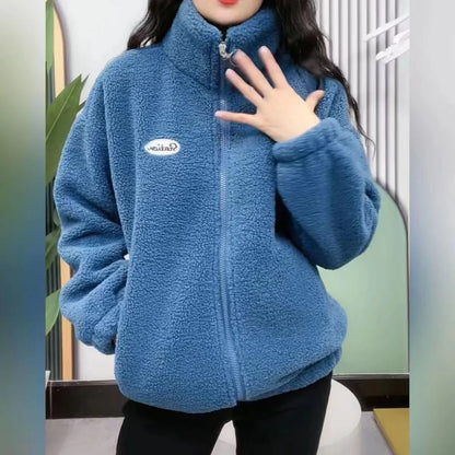 Thickened Fleece Women's Zipper Hoodie Lamb Velvet Jacket Autumn Winter Warm Fashionable Casual Long Sleeve Stand Collar Coat