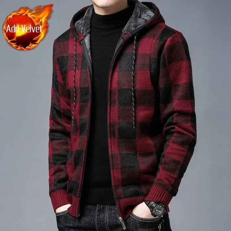 Knit Sweater Male Zipper Plaid Men's Clothing Cardigan Hoodies Zip-up Thick Winter Red Tops Jumpers Casual Stylish Hot Cheap A