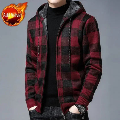 Knit Sweater Male Zipper Plaid Men's Clothing Cardigan Hoodies Zip-up Thick Winter Red Tops Jumpers Casual Stylish Hot Cheap A