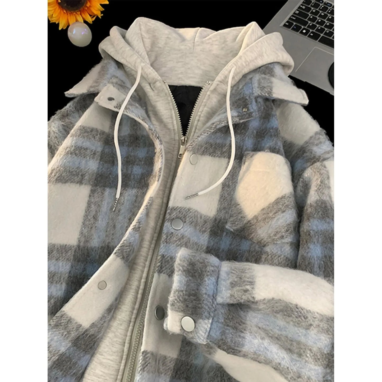 American Fake Two Piece Checker Coat Men's Autumn and Winter New China-Chic Warm Retro Woolen Hoodie