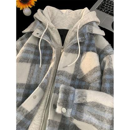 American Fake Two Piece Checker Coat Men's Autumn and Winter New China-Chic Warm Retro Woolen Hoodie