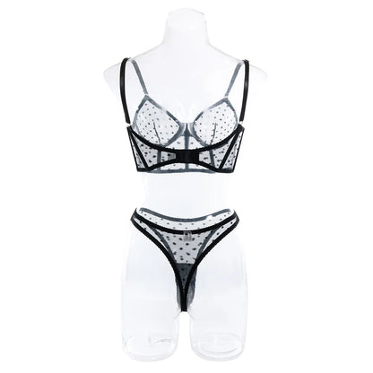 Ellolace Polka Dot Sensual Lingerie Transparent Lace Set Women 2 Piece Seamless Bilizna Set See Through Sexy Black Intimate