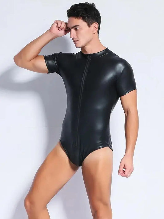 New Short Sleeve Shiny Faux PU Leather Bodysuit Men Front Zipper Tshirt Tights Hot Shapers Sexy Body Teddies Leotard Unitard