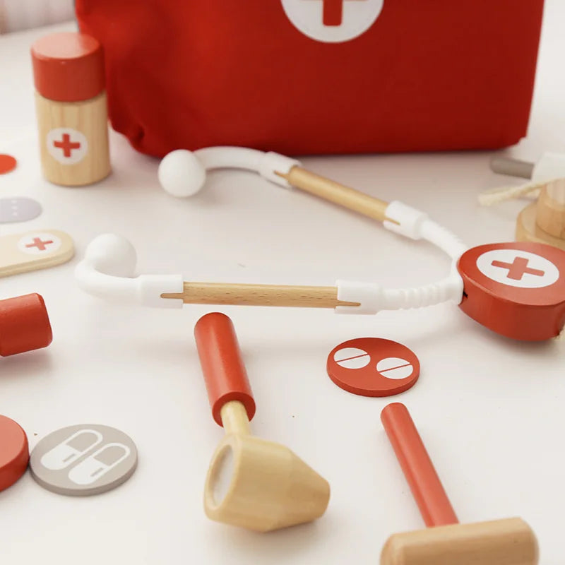 Wooden Pretend Play Red doctor's kit Educational Toys for Children Medical Simulation Medicine Chest Set for Kids Role Playing