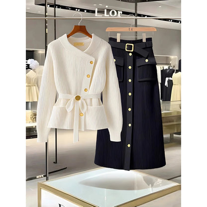Elegant Autumn Winter Knitted Sweater Long Sleeve Women's Skirt Set High Waist Loose Fit Fashionable Two-Piece Ensemble