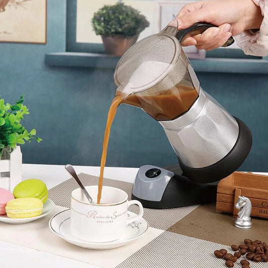 480W Electric Coffee Maker Cups 150ml/300ml Aluminum Mocha Pot  Electric Italian Coffee Maker Percolator for Home Silver 3/6Cups