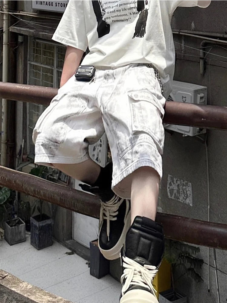 Summer Washed Distressed Workwear Shorts Men's Trendy Street Style Loose Wide Leg Big Pocket Seven-Foot Pants Casual Trousers