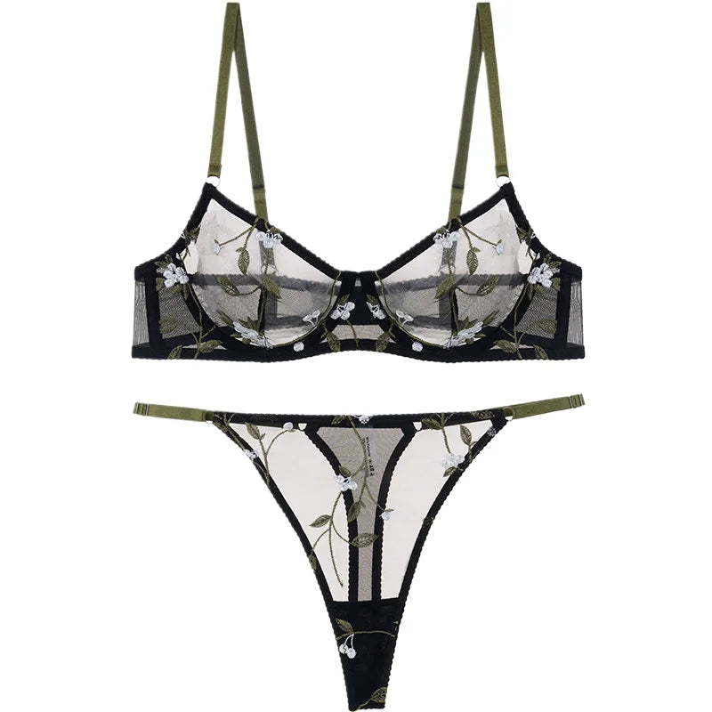 Sexy Soft Mesh Bra Set, Embroidered Ultra Thin T Back,Comfortable Transparent Lingerie for Women, Slimming Breathable Inner Wear
