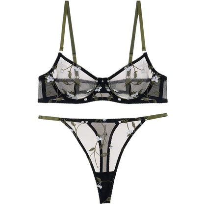 Sexy Soft Mesh Bra Set, Embroidered Ultra Thin T Back,Comfortable Transparent Lingerie for Women, Slimming Breathable Inner Wear