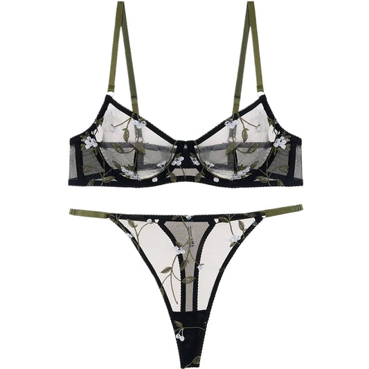 Sexy Soft Mesh Bra Set, Embroidered Ultra Thin T Back,Comfortable Transparent Lingerie for Women, Slimming Breathable Inner Wear