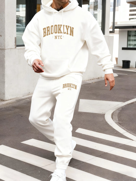 Brooklyn Nyc Letter Print Hoodie Set Men Autumn Street Sweatshirts Pocket Fleece Sportpants Casual Jogging Long Pants Men'S Sets