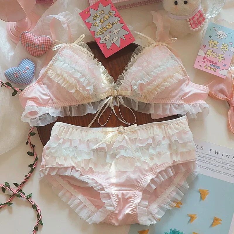 Japanese Style Lolita Princess Lingerie Set Women Pure Desire Cake Layer Lace Mesh Cotton Crotch Party Bra  Panty Set Soft Cute