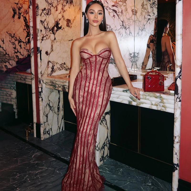 Typhaland Sexy Lace Strapless Maxi Dress Women's Sleeveless Slim Corset Evening Party Dress See Through Fashion Lady Long Dress