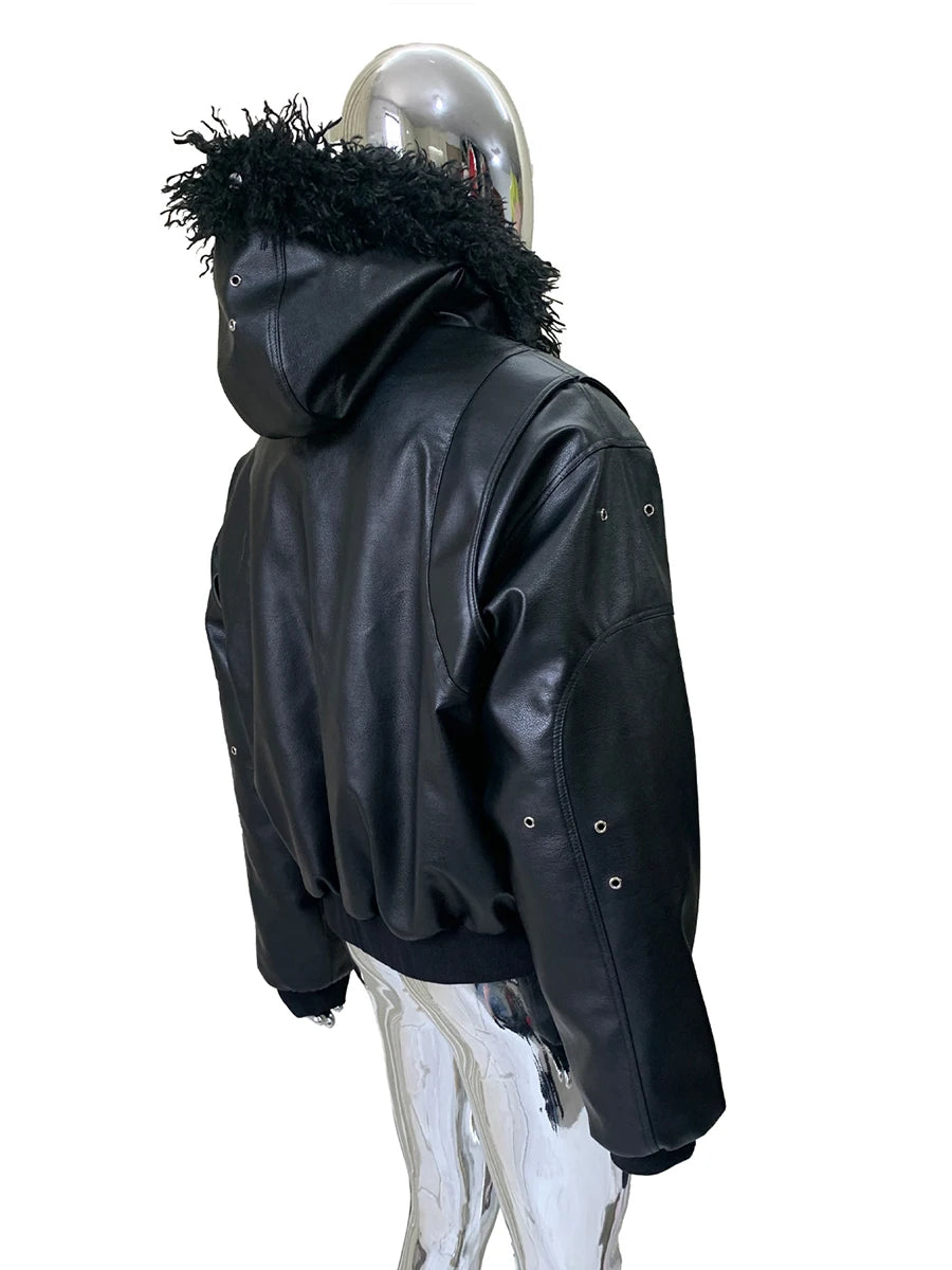 Autumn Winter Cool Short Oversized Thickened Warm Pu Leather Jacket Men with Faux Fur Trim Hood Rivet Luxury Designer Clothes