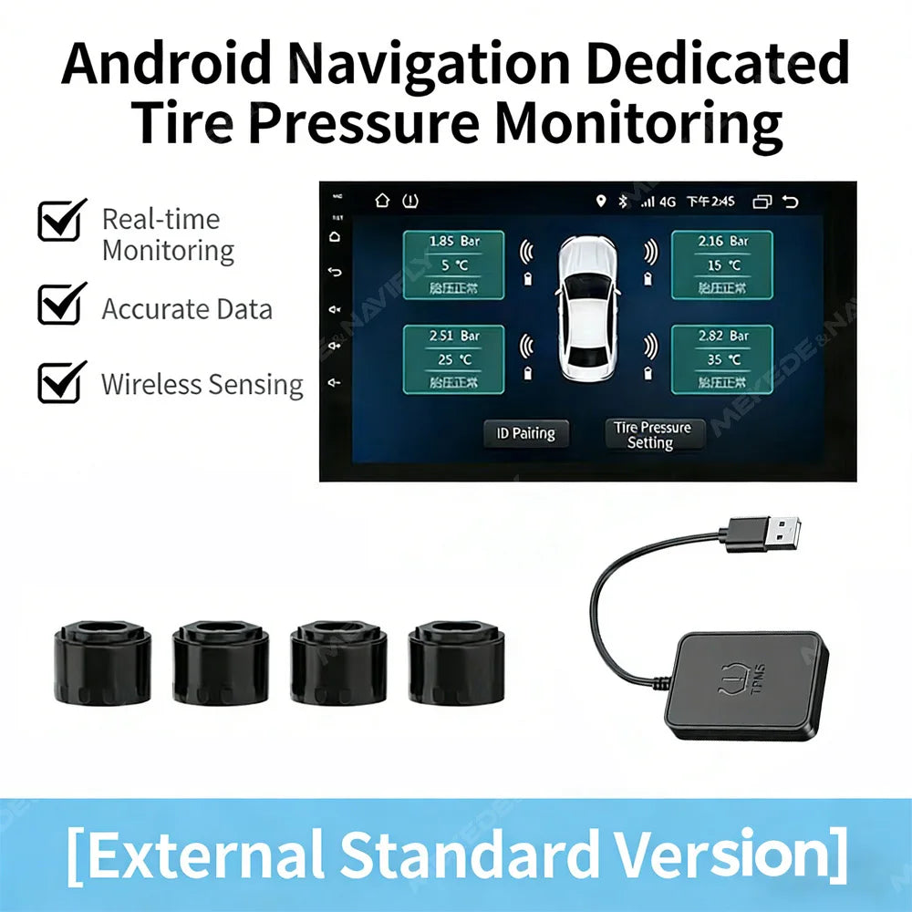 NaviFly Android USB TPMS Tire Pressure Monitoring System Display Alarm System Internal External Sensors For Car Navigation Radio