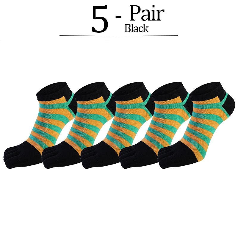 5 Pairs/lot Combed Cotton Ankle 5 Finger Socks Men Boy Striped Colorful Casual Sweat-Absorbing Breathable Boat No Show Toes Sock
