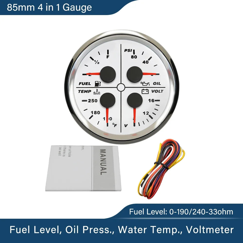 ELING Waterproof Auto Marine 85mm 4 in 1 Gauge Oil Pressure Water Temp Fuel Level Voltmeter for Motorcycle 8-16V