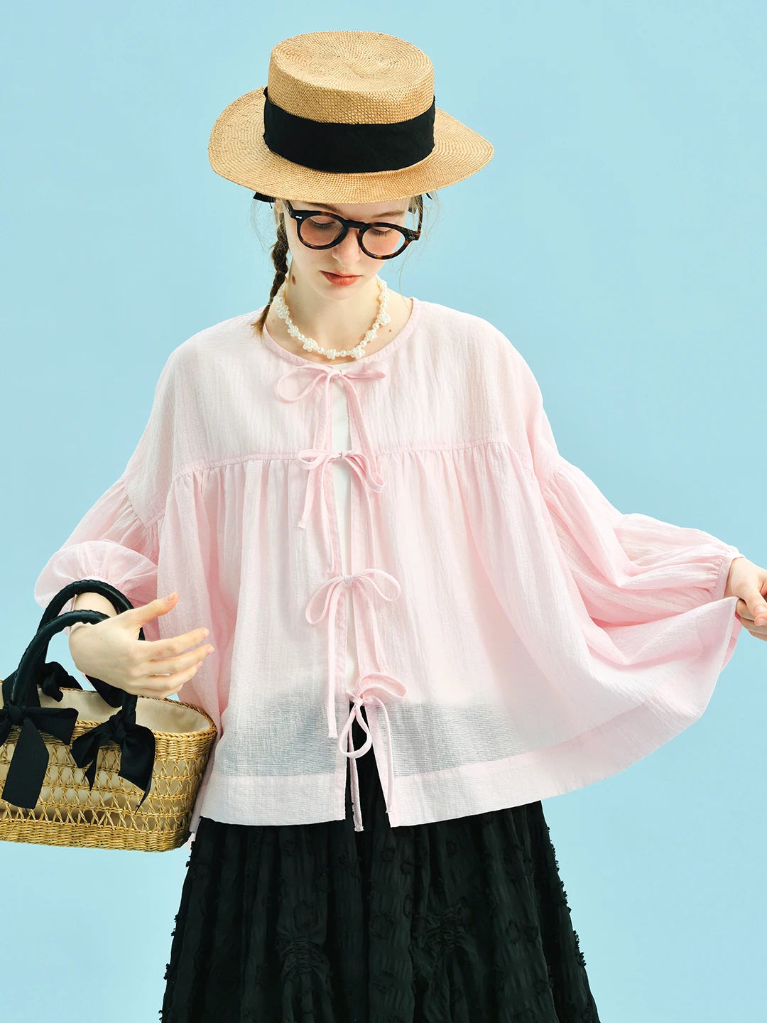 Shirt women 2025 imakokoni original summer art loose handmade hook flower tied rope cardigan top 255002