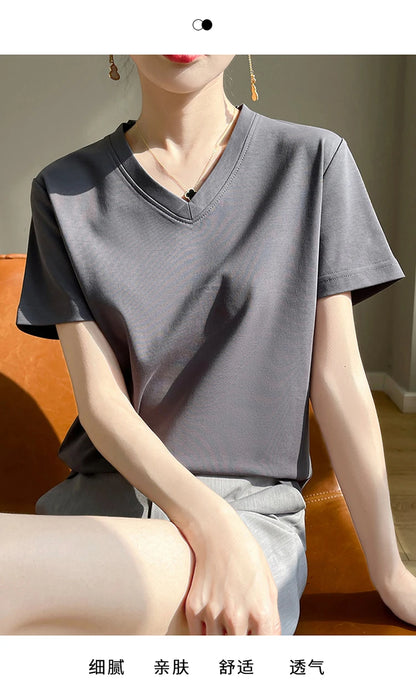 2026 Summer New Pure Cotton V-neck Short-sleeved T-shirt Women's Solid Color Joker Pullover Shirt with Loose Sleeve Bottom Shirt