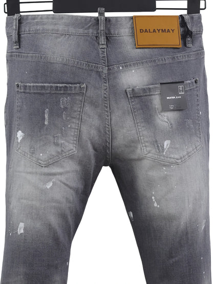 6058 Four Seasons New Men's Wash Grinding Hole Patch Paint Splash Ink Micro-bullet Leg Grey Jeans for Men