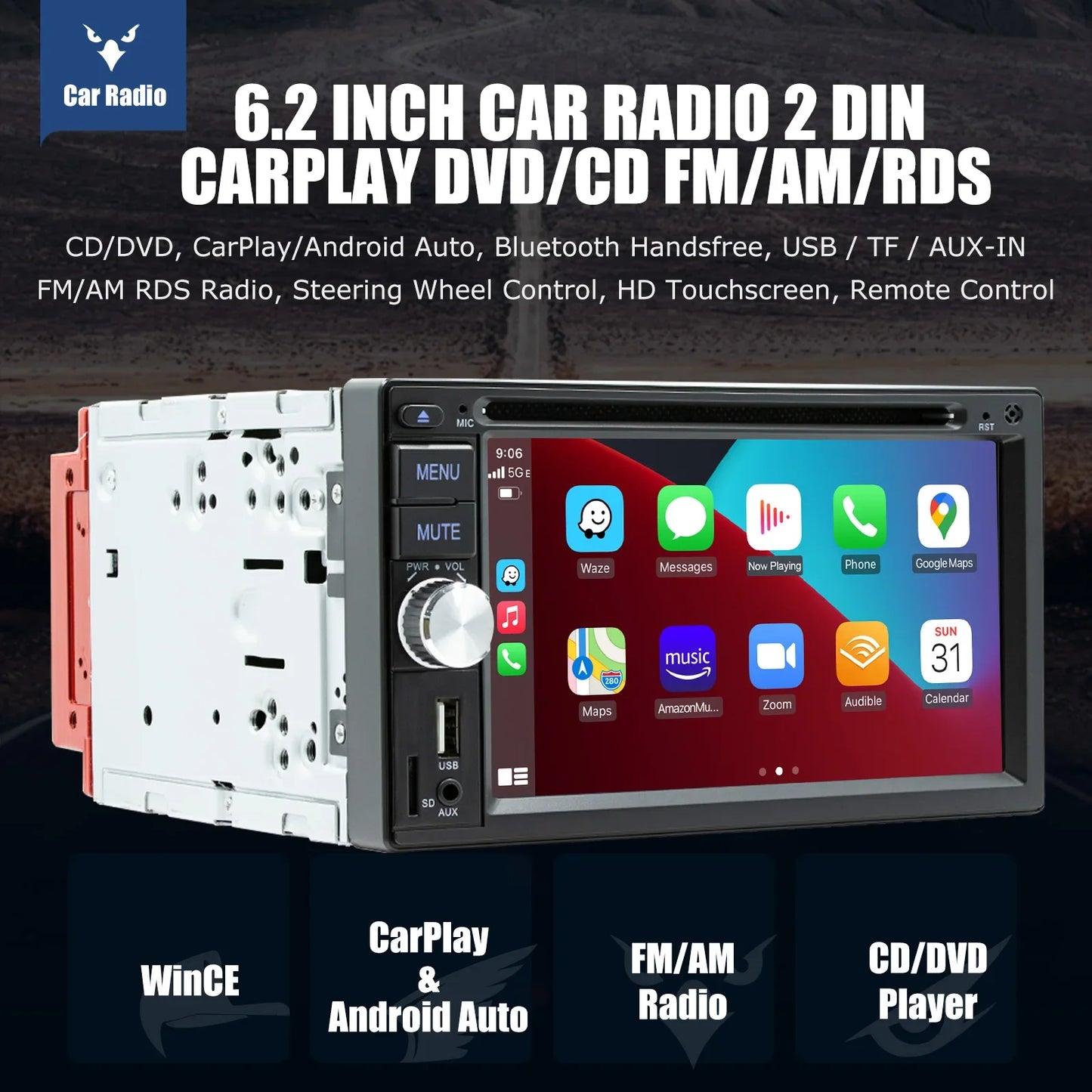 6.2" Double 2 DIN Car Stereo Radio CD DVD Player Apple Carplay & Android Auto FM/RDS HD Touch Screen Bluetooth USB TF+MIC&Camera