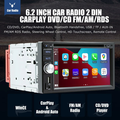 6.2" Double 2 DIN Car Stereo Radio CD DVD Player Apple Carplay & Android Auto FM/RDS HD Touch Screen Bluetooth USB TF+MIC&Camera