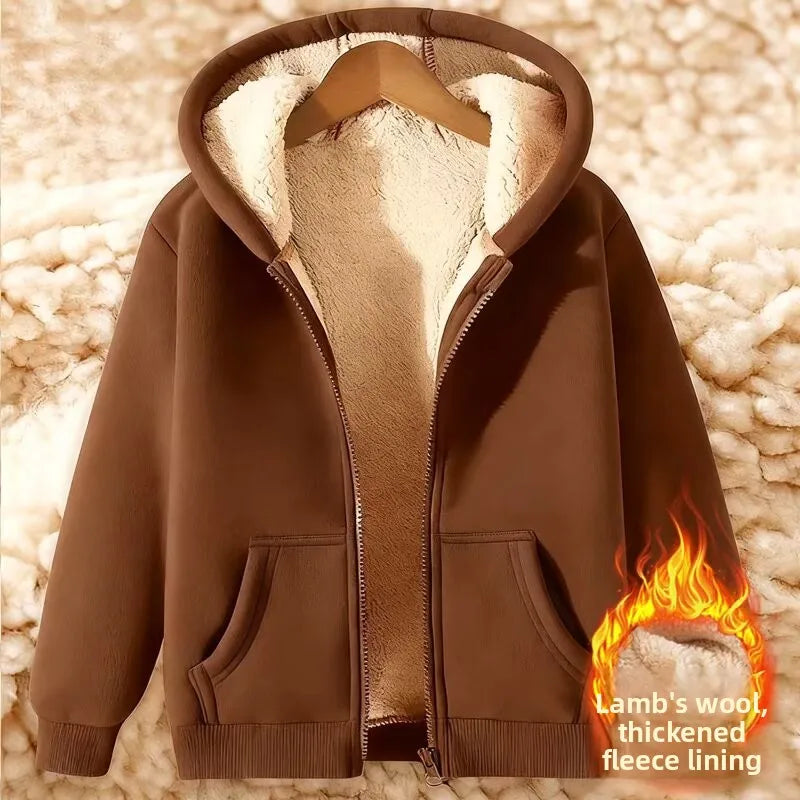 Lamb Velvet Hooded Sweatshirt Unisex Thickened Warm Loose Cardigan Outerwear for Autumn And Winter Polyester Fiber Zipper Clo...